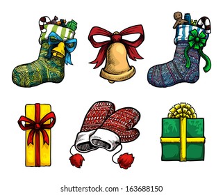 Set of hand drawn Christmas decorations, vector illustration