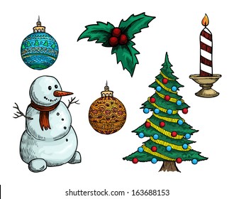 Set of hand drawn Christmas decorations, vector illustration