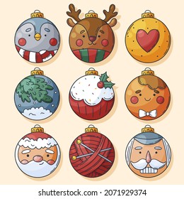 Set of hand drawn Christmas decorations and balls. Glass baubles and ornaments. Vector illustration