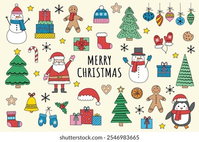 Set with hand drawn Christmas decorations. Collection with cute Santa Claus, snowman, cookie and tree. Vector illustration