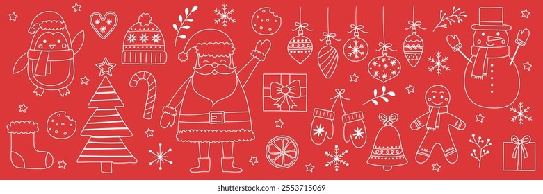Set with hand drawn Christmas decorations. Collection with cute Santa Claus, snowman, cookie and tree. Vector illustration