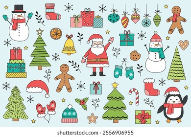 Set with hand drawn Christmas decorations. Collection with cute Santa Claus, snowman, cookie and tree. Vector illustration