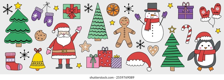Set with hand drawn Christmas decorations. Collection with cute Santa Claus, snowman, cookie and tree. Vector illustration
