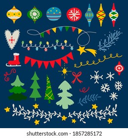 Set with hand drawn Christmas decorative elements. Vector illustration of isolated ornament balls, trees, sky skate, snowflake, winter heart, star, twigs, flourishes, squiggles, lights, flags, garland