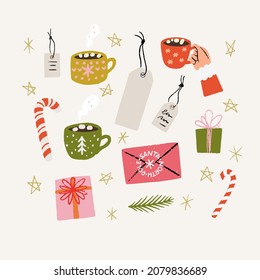 Set of hand drawn Christmas decorative elements. Cozy winter clipart: candy cane, mug with hot chocolate, gift tags, presents, letter for Santa Claus. Holiday sticker pack.