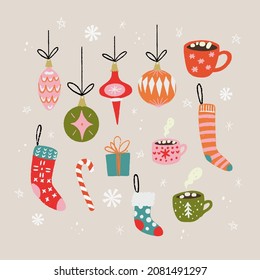 Set of hand drawn Christmas decorative elements. Cozy winter clipart: candy cane, mug, cups with hot chocolate and marshmallows, Christmas baubles, balls, colorful socks, present. Holiday sticker pack