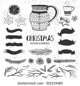 Set of hand drawn Christmas design elements.Mug with ornaments, Christmas cookies, orange, ribbon, scarf, fur-tree branch, pine branches, pine cones, tree branches.