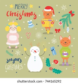 Set of hand drawn Christmas design elements with cute cartoon princess, bear with a present, snowman, dog, typography Merry Christmas, Season's greetings. Isolated objects. Vector illustration.