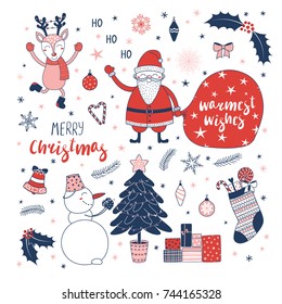 Set of hand drawn Christmas design elements with cute cartoon deer, Santa Claus, snowman decorating a tree, typography Merry Christmas, Warmest wishes. Isolated objects on white background. Vector.