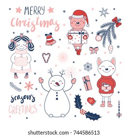 Set of hand drawn Christmas design elements with cute cartoon princess, bear with a present, snowman, dog, typography Merry Christmas, Season's greetings. Isolated objects on white background. Vector.