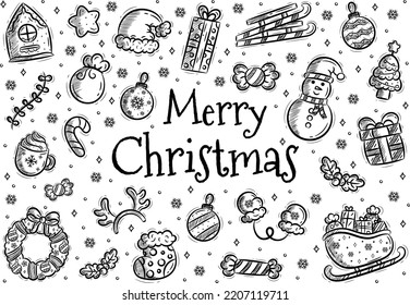 set of hand drawn christmas doodle elements in black sketch