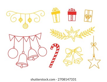 Conjunto de Navidades dibujadas a mano doodle Elementos. Incluye estrellas, adornos, caja de regalo, guirnalda festiva y cintas. Gráficos de Vector simples, lindos y festivos. Navidades de contorno doodle decoraciones festivas.