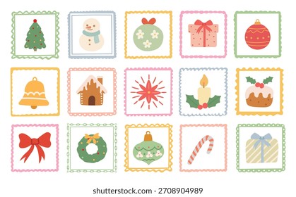 Set of hand drawn Christmas doodle icons in decorative frames, cute pastel holiday elements with cozy winter charm, perfect for greeting cards, stickers, scrapbooking and festive social media design. 