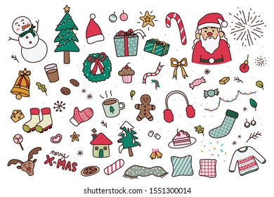 Set of Hand Drawn Christmas Doodles Isolated On White Background