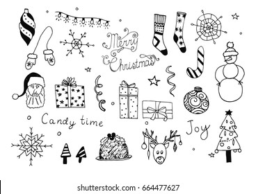 Set of hand drawn Christmas doodles. Vector illustration.