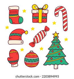 Set of hand drawn christmas element in doodle style vector illustration