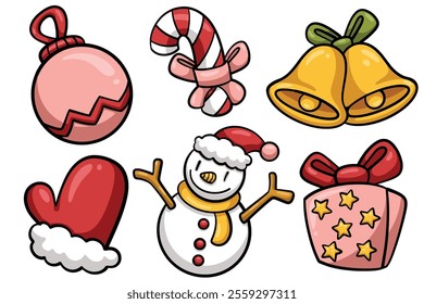 Set of Hand drawn christmas element. collection of ball, candy cane, bell, mittens, snowman, gift Isolated Vector