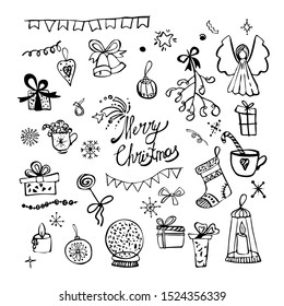 Set of hand drawn Christmas elements, simple vector sketch in doodle style