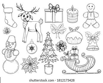 Set of hand drawn christmas elements. Traditional winter objects. Vector illustration. Isolated on white. Object for packaging, advertisements, menu.