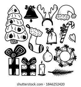 Set hand drawn christmas elements, new year isolated on a white background. Doodle, simple outline illustration. It can be used for decoration of textile, paper and other surfaces.