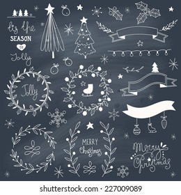 Set of hand drawn Christmas elements on blackboard. EPS 10. Transparency. No gradients. 