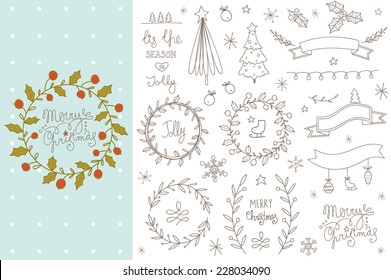 Set of hand drawn Christmas elements. EPS 10. No transparency. No gradients. 