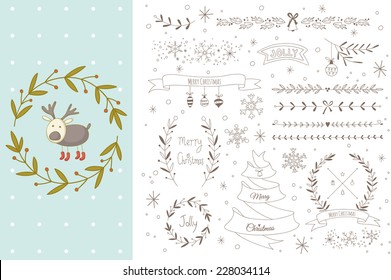 Set of hand drawn Christmas elements with a reindeer. EPS 10. No transparency. No gradients. 