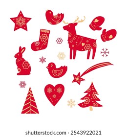 Set of hand drawn Christmas elements, reindeer, star, gloves, snow, birds and Christmas tree