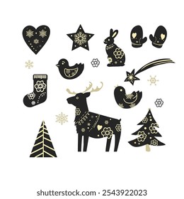 Set of hand drawn Christmas elements, reindeer, star, gloves, snow, birds and Christmas tree