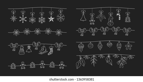 Set of hand drawn Christmas garlands with bows and holiday toys. Festive stars and snowflakes borders, fancy dividers.