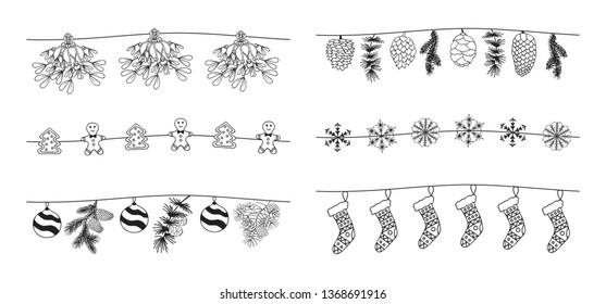 Set of hand drawn Christmas garlands with mistletoe, fir and pine branches. Festive snowflakes borders, gingerbread dividers.