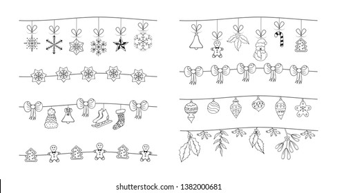 Set of hand drawn Christmas garlands with bows and holiday toys. Festive stars, snowflakes borders, fancy dividers.