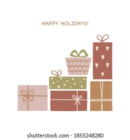 Set of hand drawn Christmas gift boxes. Trendy hand drawn template with gift boxes in scandinavian style. Vector illustration.