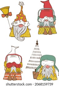 Set of hand drawn Christmas gnomes, colorful vector holiday dwarfs. Festive Illustrations for invitations, fabric, textile, linens, posters, prints, banners.