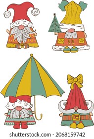 Set of hand drawn Christmas gnomes, colorful vector holiday dwarfs. Festive Illustrations for invitations, fabric, textile, linens, posters, prints, banners.