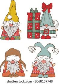 Set of hand drawn Christmas gnomes, colorful vector holiday dwarfs. Festive Illustrations for invitations, fabric, textile, linens, posters, prints, banners.