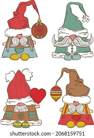 Set of hand drawn Christmas gnomes, colorful vector holiday dwarfs. Festive Illustrations for invitations, fabric, textile, linens, posters, prints, banners.