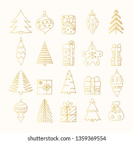 Set of hand drawn Christmas golden trees, toys, balls and gifts. Winter gold elements for greeting card decoration. Vector isolated holiday design decor.