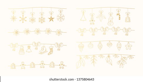 Set of hand drawn Christmas golden garlands with bows and holiday toys. Festive gold stars and snowflakes borders, fancy dividers.