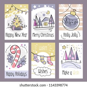 Set of hand drawn Christmas greeting cards. Happy New Year. Merry Christmas. Holly Jolly. Happy Holidays. Warm wishes. Make a wish. Cute cards with Christmas doodles.Vector illustration