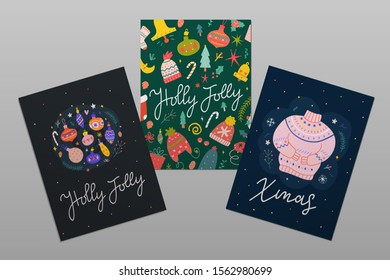 Set of hand drawn Christmas greeting cards with hand lettering calligraphy words and doodle illustrations. Modern scandinavian style. Winter knit sweater with christmas ornaments. Printable templates
