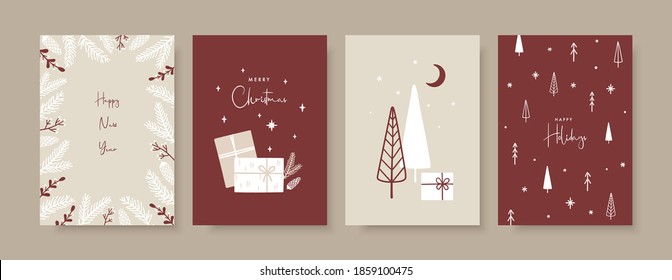 Set of hand drawn Christmas greeting cards in scandinavian style. Trendy templates with fir trees, snowflakes, gift box and fir branches. New Year vector posters set.