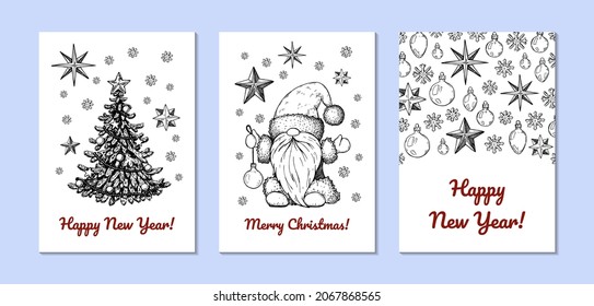 Set of hand drawn Christmas greeting cards with Santa Clause and Christmas tree. Vector illustration in sketch style