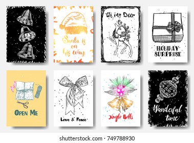 Set of hand drawn Christmas greeting cards. Great print for invitations, posters, tags. Santa is on his way, Oh my deer, Holiday surprise, Open me, Love and Peace, Jingle Bells, Wonderful time. Vector