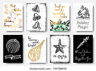 Set of hand drawn Christmas greeting cards. Print invitations, posters, tags. Festive banners in drawn style, vintage. Best Wishes for the Holiday Season, I wish you much Joy, Holiday Magic, Blessing.