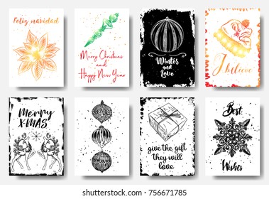 Set of hand drawn Christmas greeting cards. Great print for invitations, posters, tags. Feliz navidad, Winter and Love, I believe, Merry X-MAS, Best Wishes. Vector