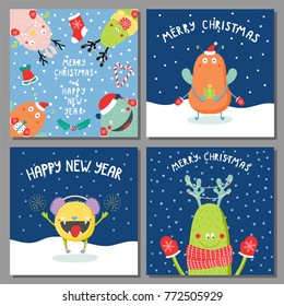 Set of hand drawn Christmas greeting cards templates with cute funny cartoon monsters in Santa hats, with deer antlers, with quotes, snow. Vector illustration. Design concept kids, winter holidays.