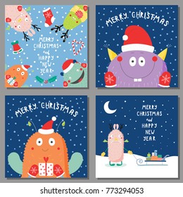 Set of hand drawn Christmas greeting cards templates with cute funny cartoon monsters in Santa hats, with deer antlers, with quotes, snow. Vector illustration. Design concept kids, winter holidays.