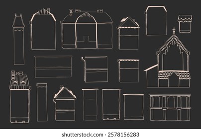 Set of hand drawn christmas houses, black and white house graphics, line house outline illustrations, winter house stencils, hand drawn doodle buildings, vector illustration, linear building