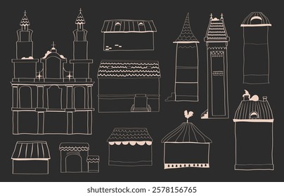 Set of hand drawn christmas houses, black and white house graphics, line house outline illustrations, winter house stencils, hand drawn doodle buildings, vector illustration, linear building parts